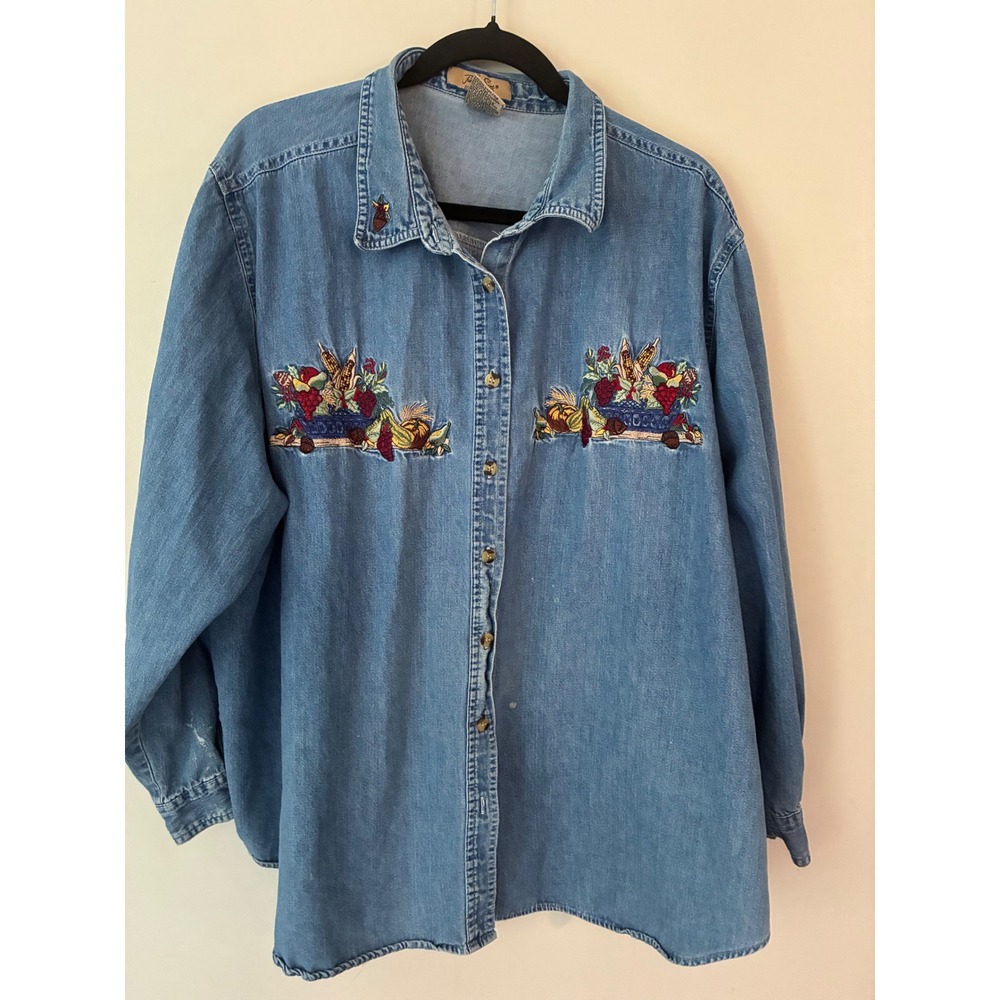 Just My Size Denim Shirt Women 26W/28W Blue Embroidered Harvest Fall Button Down
